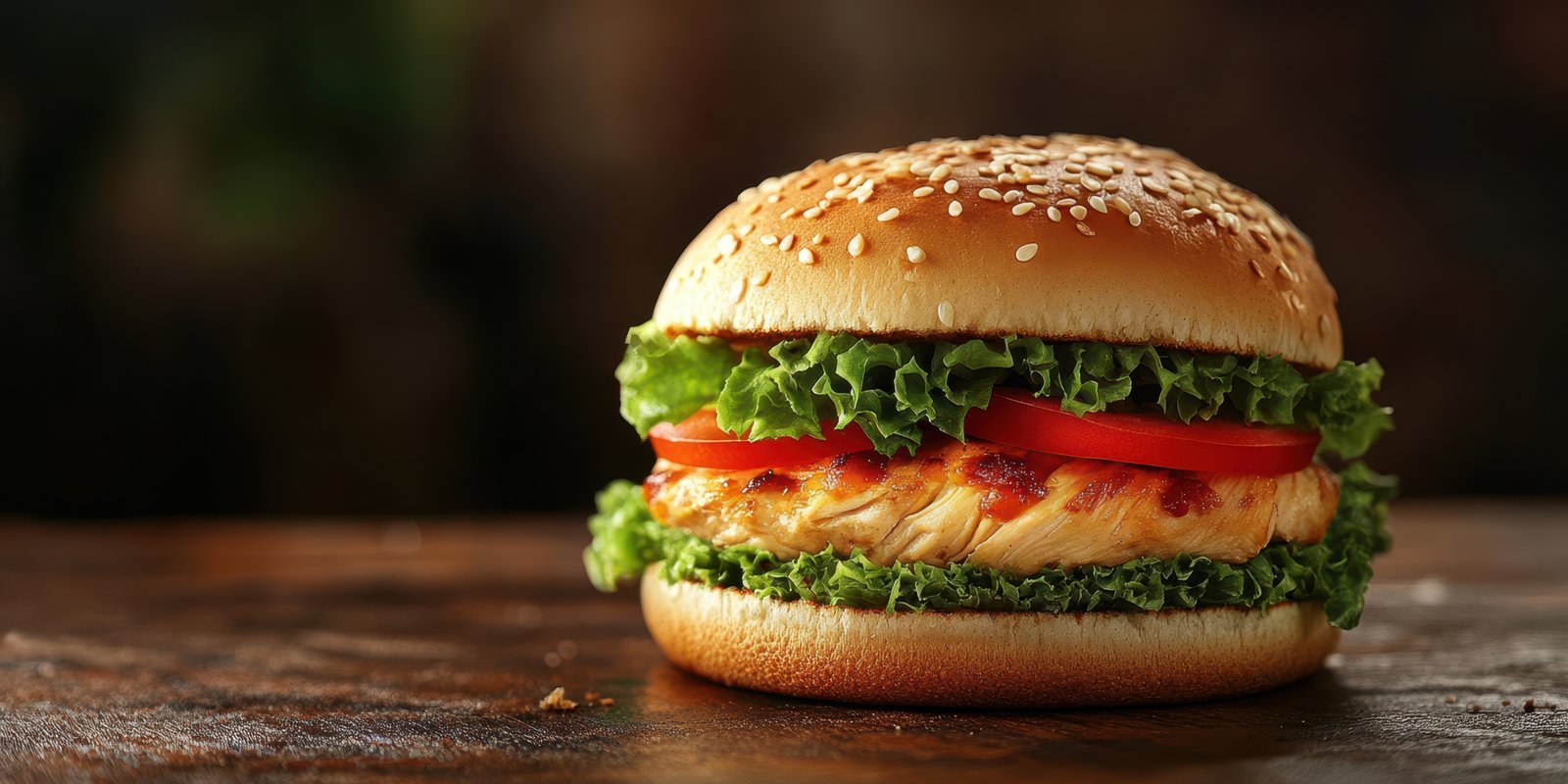Juicy grilled chicken sandwich with fresh lettuce and tomatoes on a sesame seed bun
